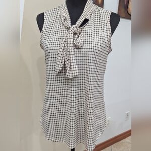 Adrianna Papell Grid Pattern Tie-Neck Sleeveless Blouse in White and Black